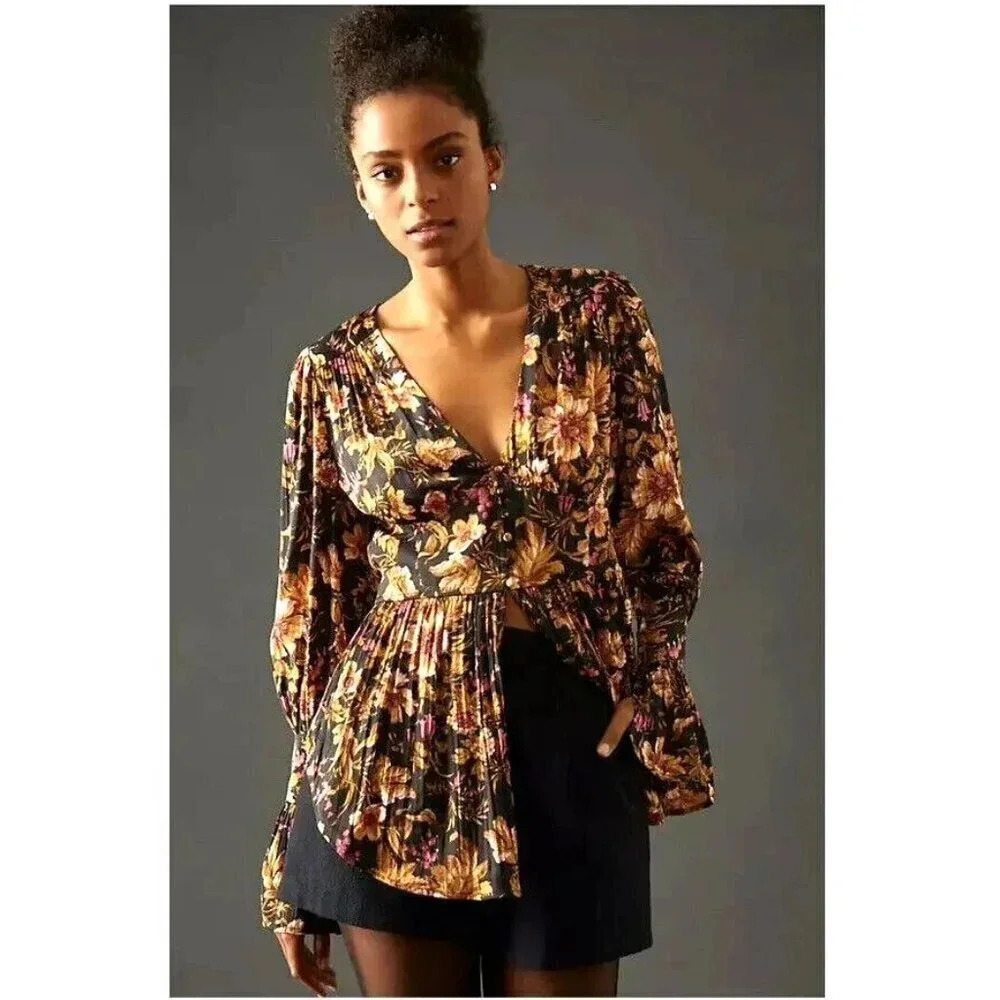 By Anthropologie Deep V Blouse Womens M Bell Sleeve Corset Victorian MSRP $50